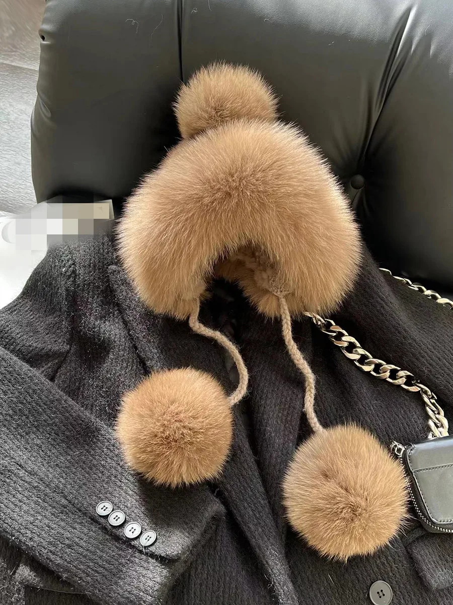 Women Real Mink Fur Hat with Fox Fur Ball Ear Protective Fluffy Cap with Earflap Winter Beanies Fall Russian Autumn Headwear