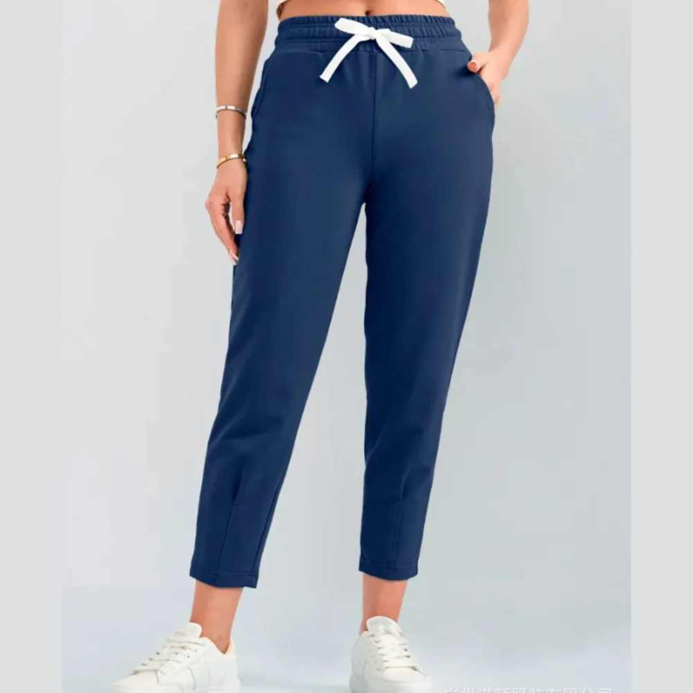 Pantalones largos para mujer, pantalones de pierna pequeña, tela de poliéster, cintura elástica, estilo informal, adecuados para la vida diaria y la calle