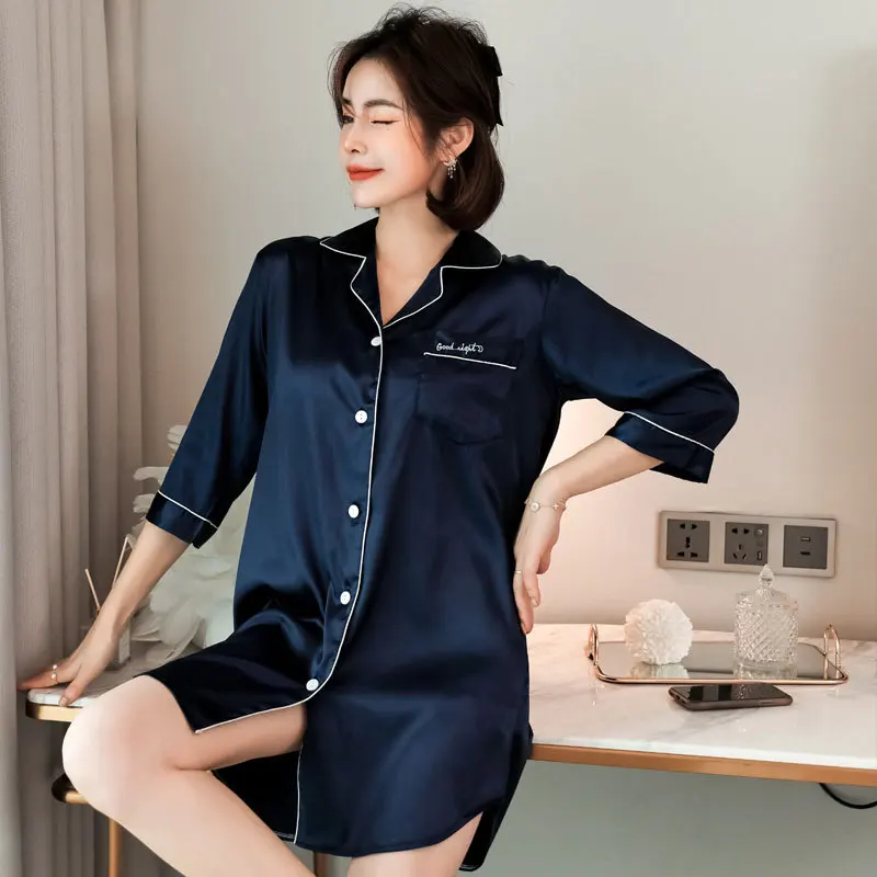 Simulated Silk White Women Nightdress Summer Sexy Thin Shirt Button Medium Long Spring Autumn Private Room Pajamas Khaki Clothes