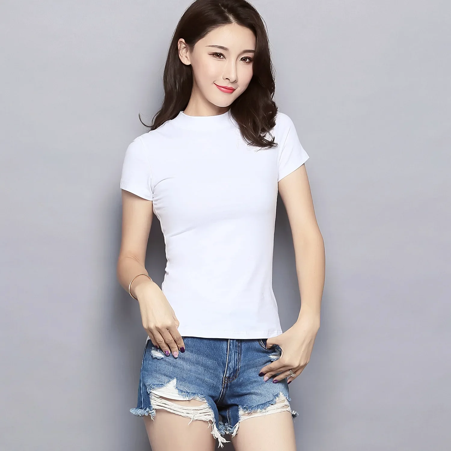 MRMT 2026 Brand New Women\'s T Shirt Half High Collar Solid Color Short-sleeved Women T-shirt for Female Tops Woman Tshirt