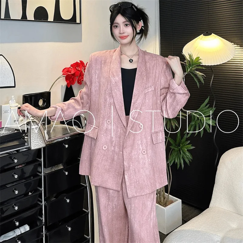 

Women's Suit 2024 High-end Autumn New Linen Fashion Suit tie Dye Suit Light Luxury Loose Versatile Show Thin Wide leg Pants Two