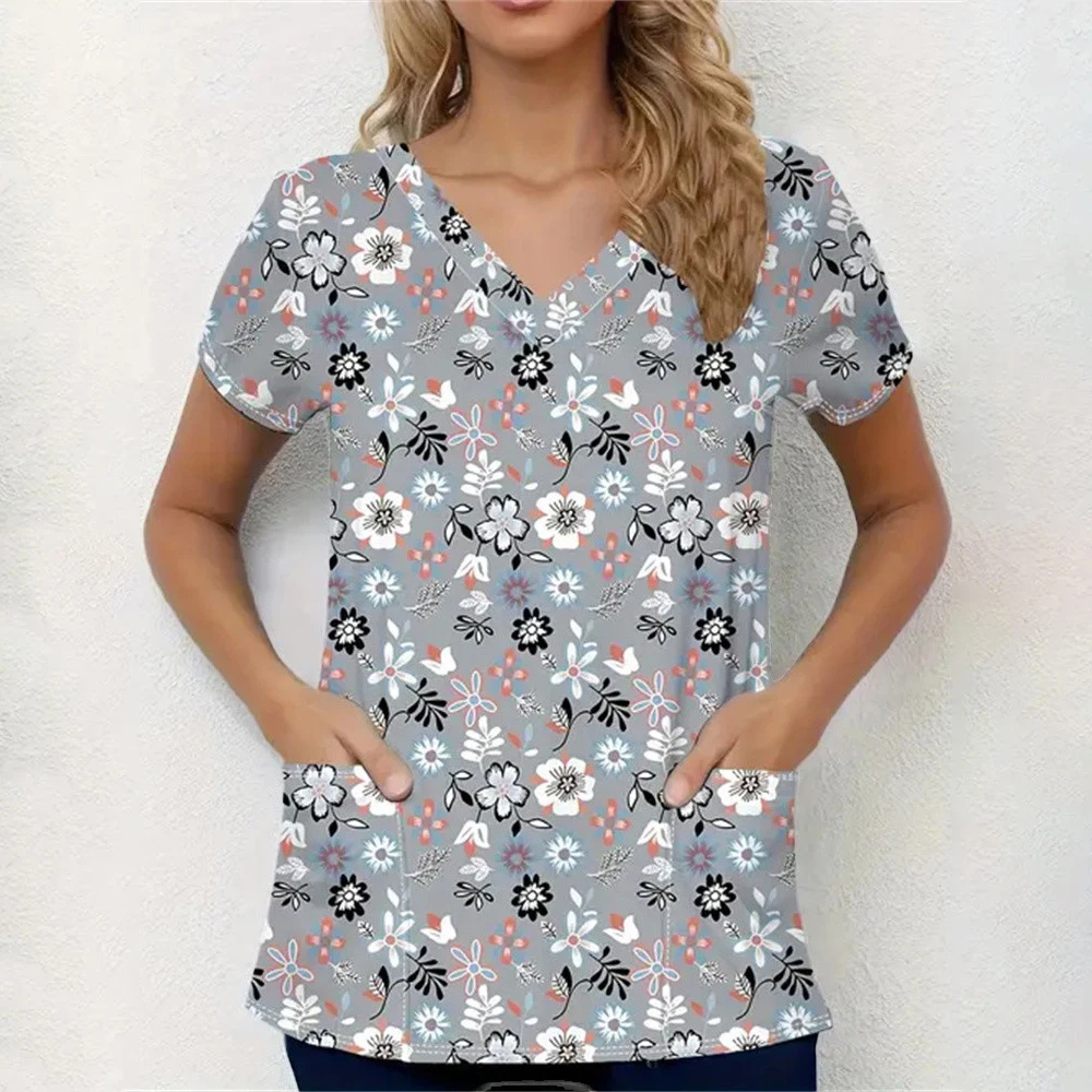 Высококачественный женский матовый топ с принтом в сочетании с v-образным вырезом, мультяшная матовая униформа, тонкий топ для медсестры, женский топ с короткими рукавами, шелковая ткань