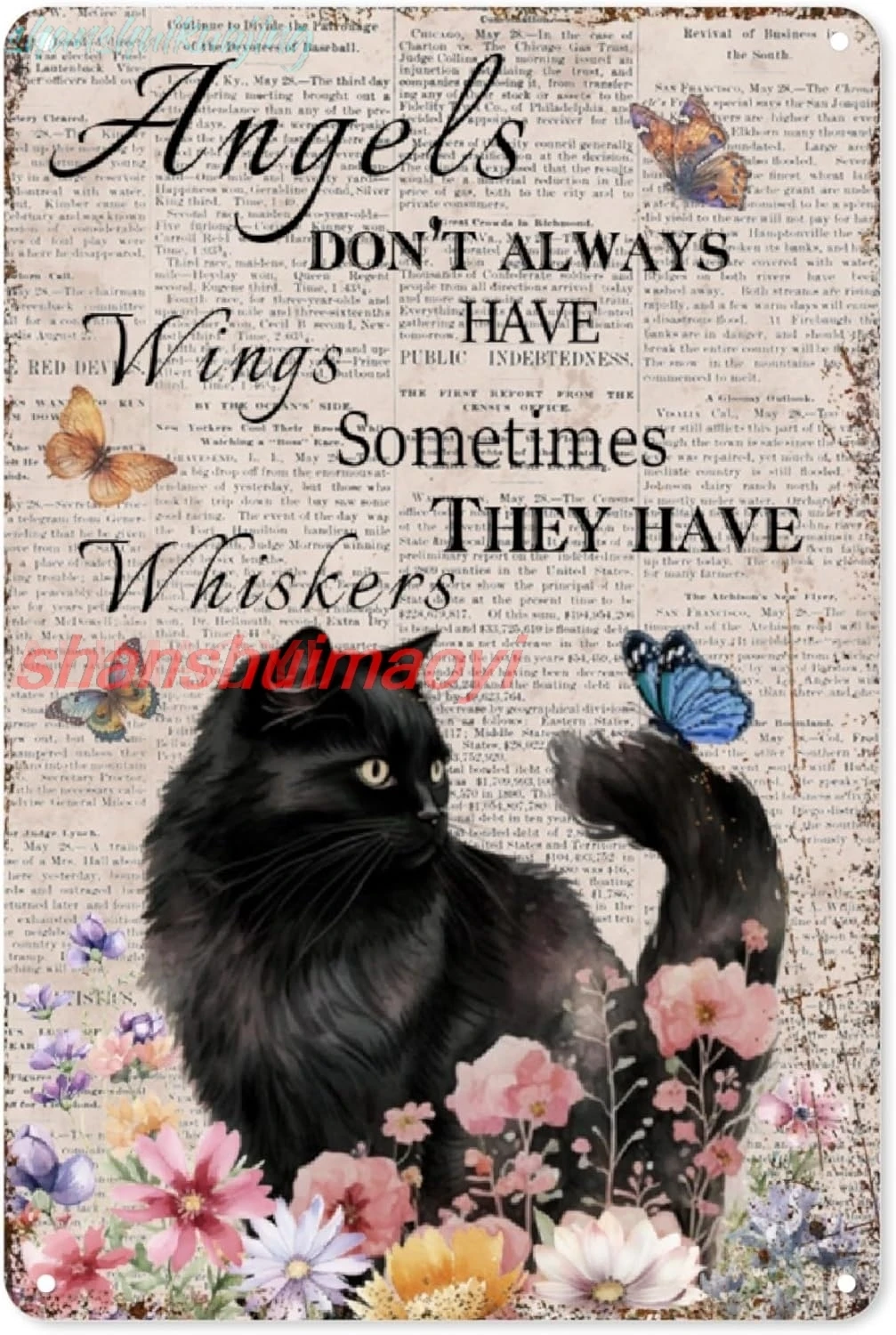 Black Cat Poster 8 X 12 Inches Aluminum Metal Sign, Angels Don't Always Have Wings Sometimes They Have Whiskers Black Cat W sign