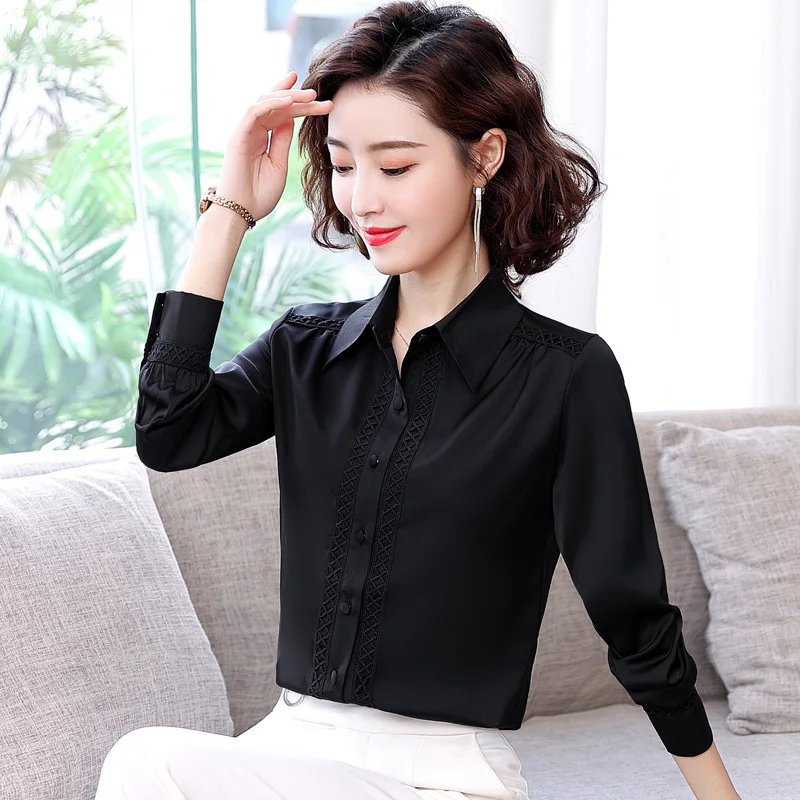 Spring Fall Women 2023 Shirts Office Female White Lace Jacquard Patchwork Collared Button Up Long Sleeve Chiffon OL Blouses Top