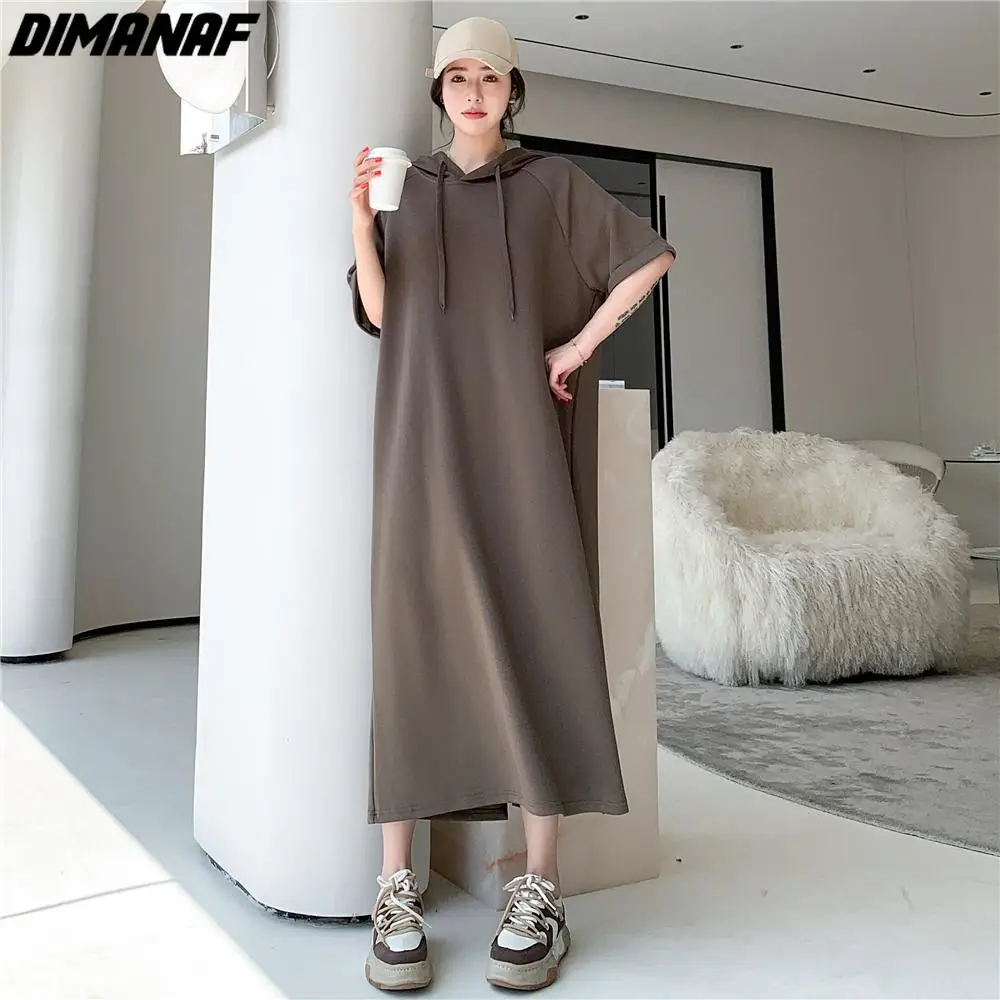 Dimanaf-vestido largo con capucha para mujer, prenda informal de manga corta con cuello redondo, talla grande, novedad de verano, 2024