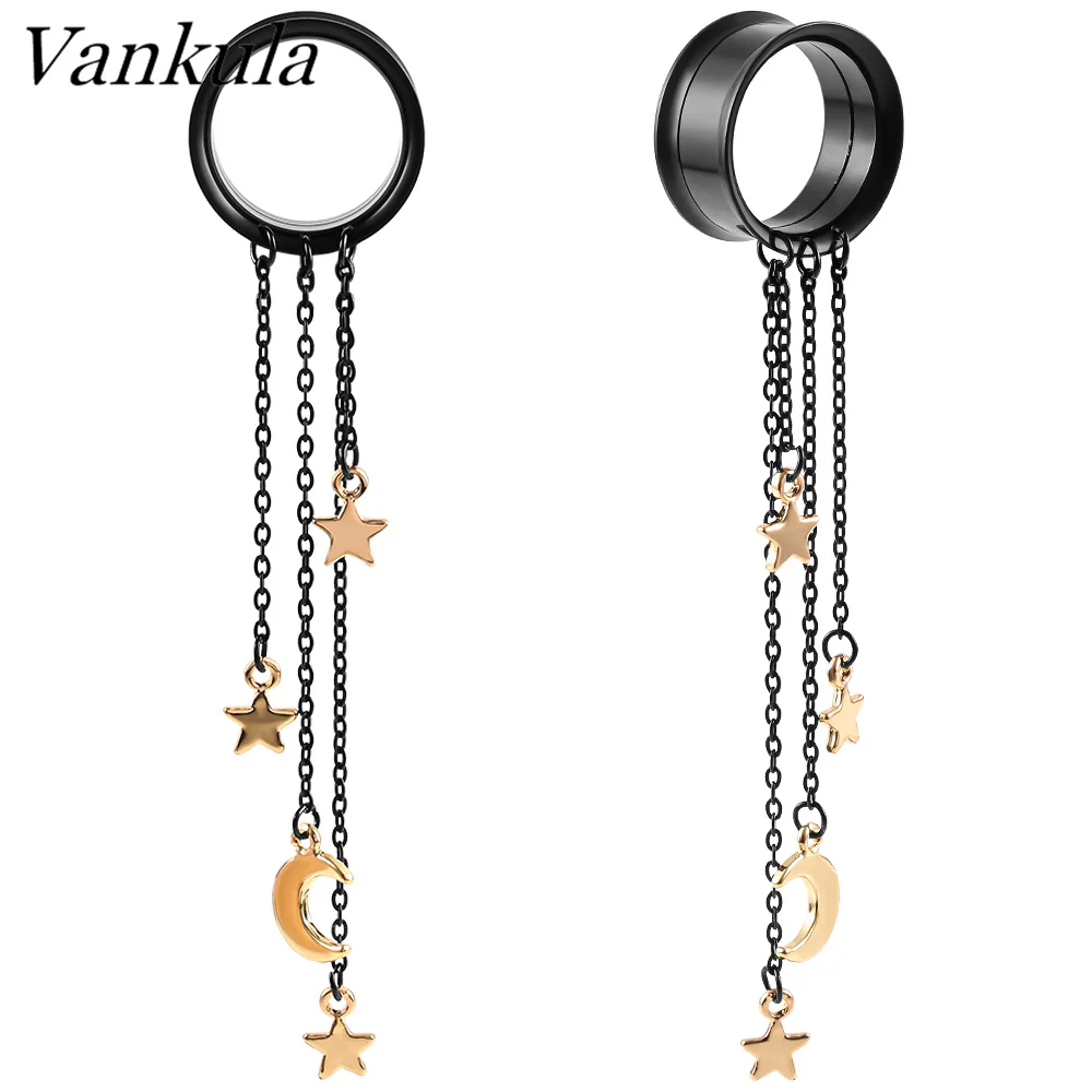 Vankula 2pcs Vintage Moon Star Dangle Ear Tunnels Plug Stainless Steel Screw Ear Gauge Ear Expander Flesh Tunnels Piercing