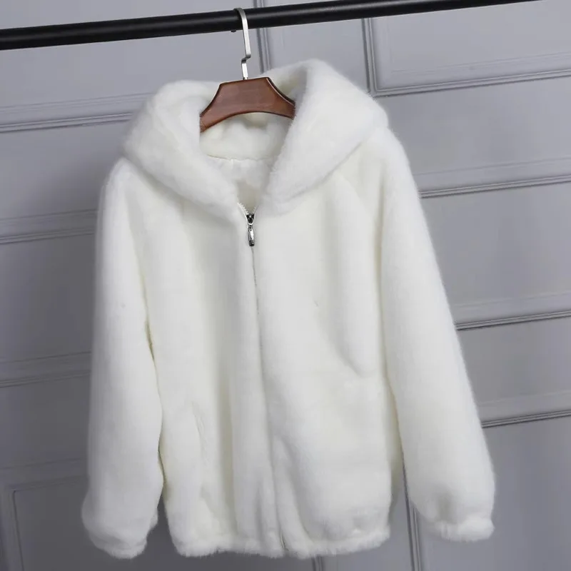 Autumn and Winter Furry Hooded Jacket Women's Short Thickened Imitation Lamb Wool Warm Loose Sweater