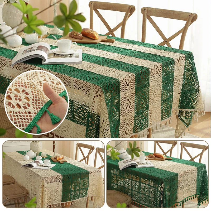 

Vintage Hollow Knitting Table Cloth Decorative Beige Green Patchwork Lace Tassel Tablecloth Rectangular Dining Table Cover