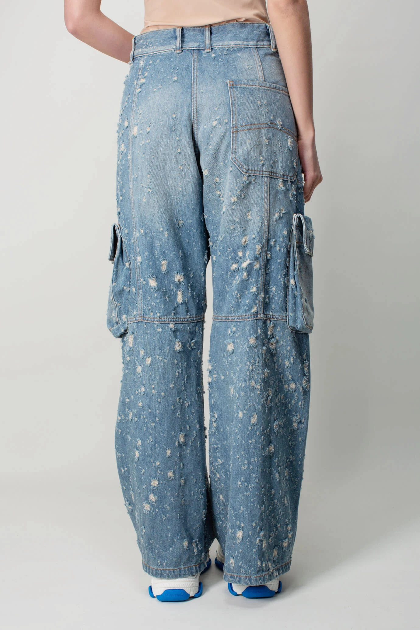 Women's Flare Distressed boyfriend cargo jeans Distressed denim cargo pants  In Blue