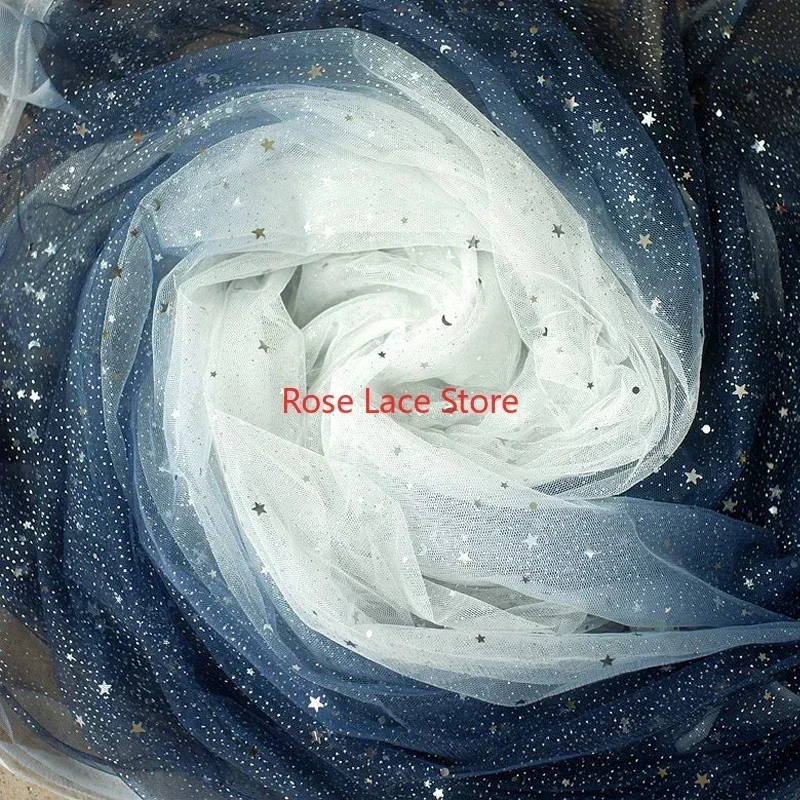 5 colors Glitter star moon Gradient lace fabric dark blue sequin star soft tulle for Bridal Wedding dress 59" width 1 yard