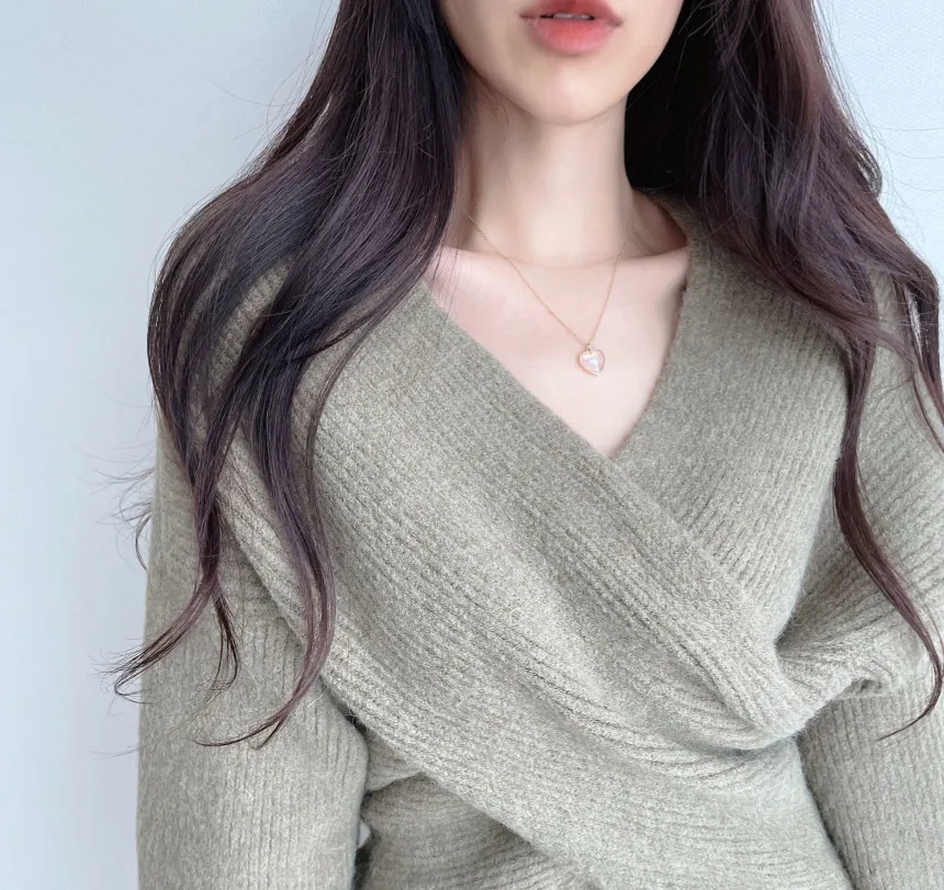 Suéter de punto Y2K coreano Chic cruzado cuello en V jersey de manga larga Color sólido Otoño Invierno Tops