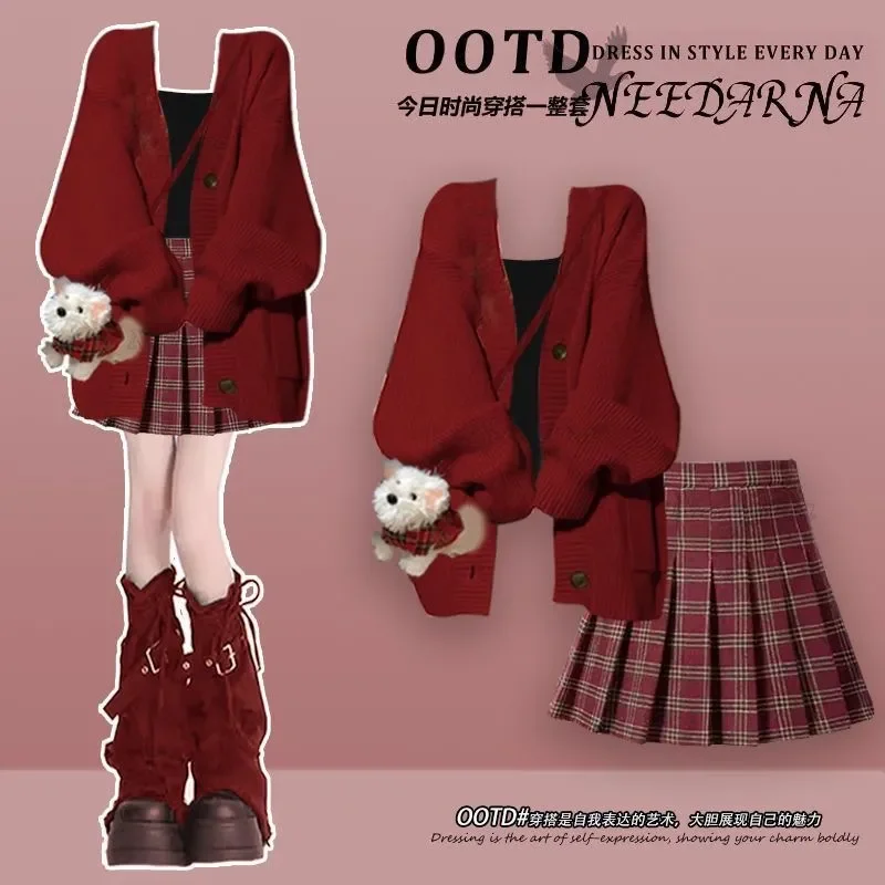 Spring and Autumn Wear Set New Academic Style Lazy Red Sweater Plaid Dress Set