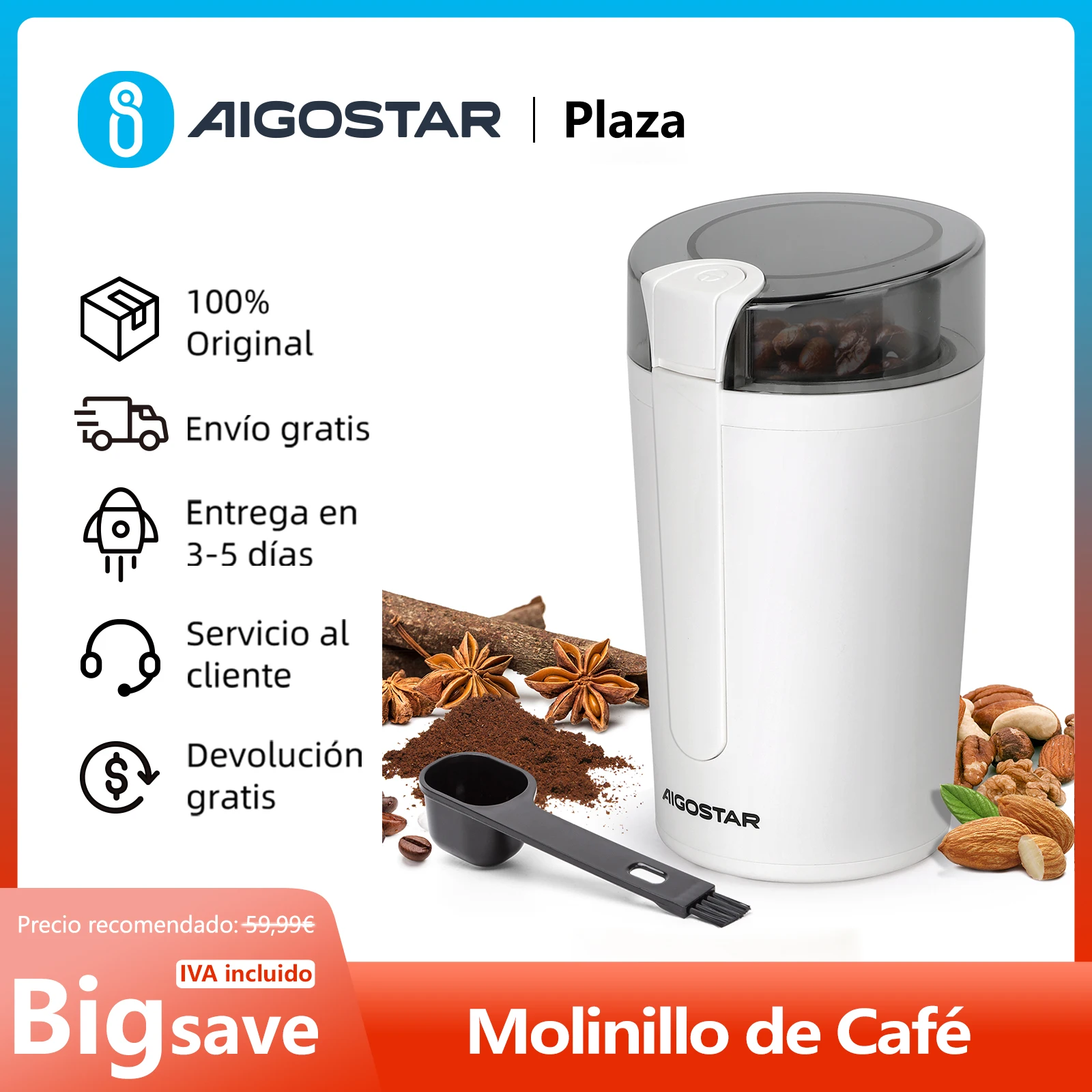 Molinillo de Café Eléctrico, Cuchilla de Acero Inoxidable, Capacidad 60 g, con Cepillo de Limpieza, Libre de BPA, 200 W