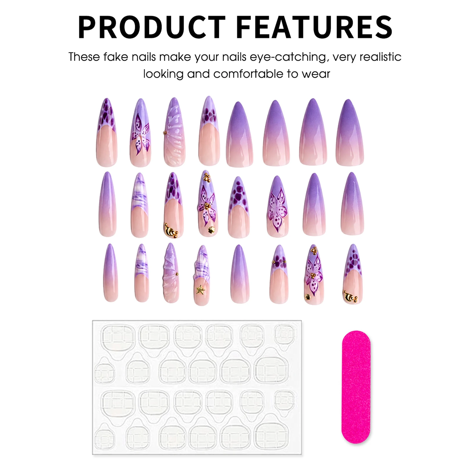 Lila Lange Stiletto Künstliche Nägel 24 Stück Französische Aufklebenägel mit Blumen/Sternen/Perlen-Dekor Sommer DIY Maniküre Acryl Falsche Nägel – Detail 5