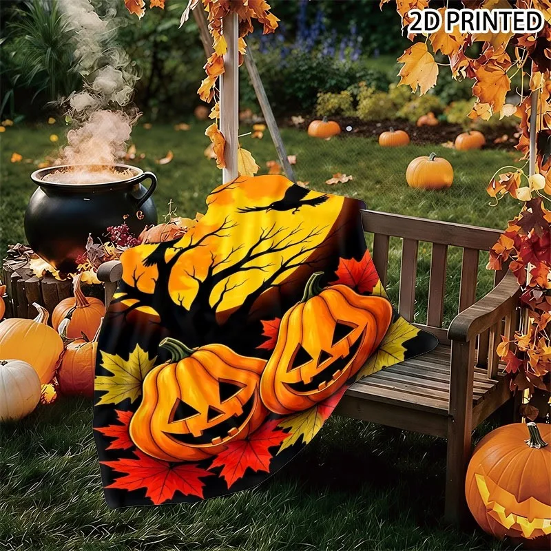 Halloween Spooky Scene Print Throw Blanket, Glowing Full Moon, Jack-o'-Lanterns, Crows & Autumn Maple Leaves Design, Multiple Sp