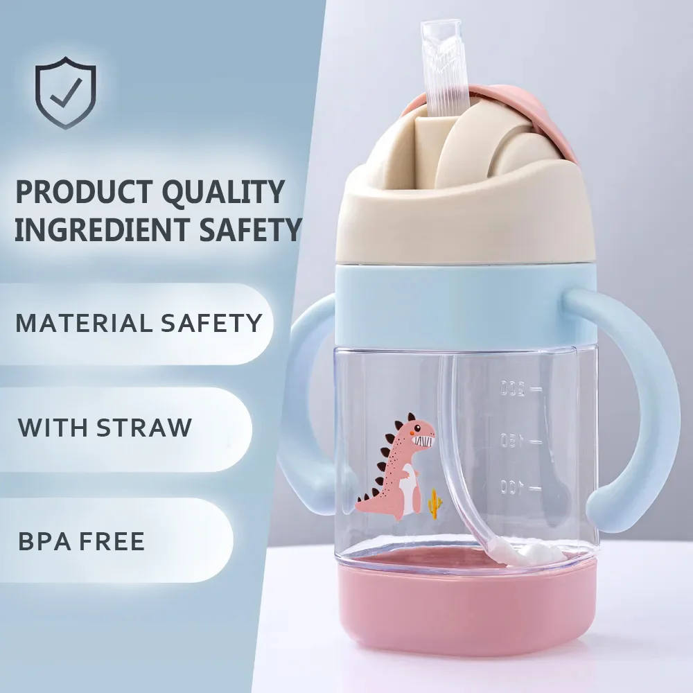 

300ml cartoon dinosaur straw water cup, children's milk bottle, with handle, birthday gift