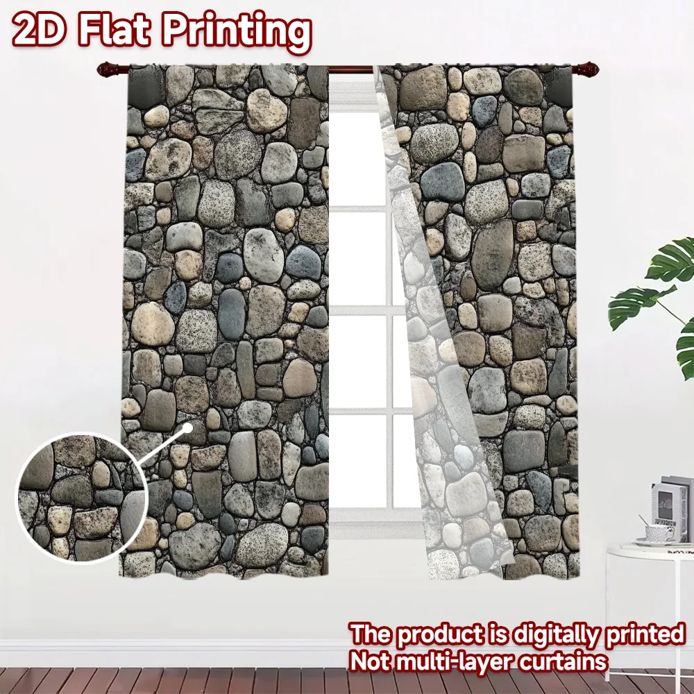 2D flat 2pcs Curtain Country Style Gray River Stone Wall Digitally printed polyester Festive Holiday Perfect for Drapes for