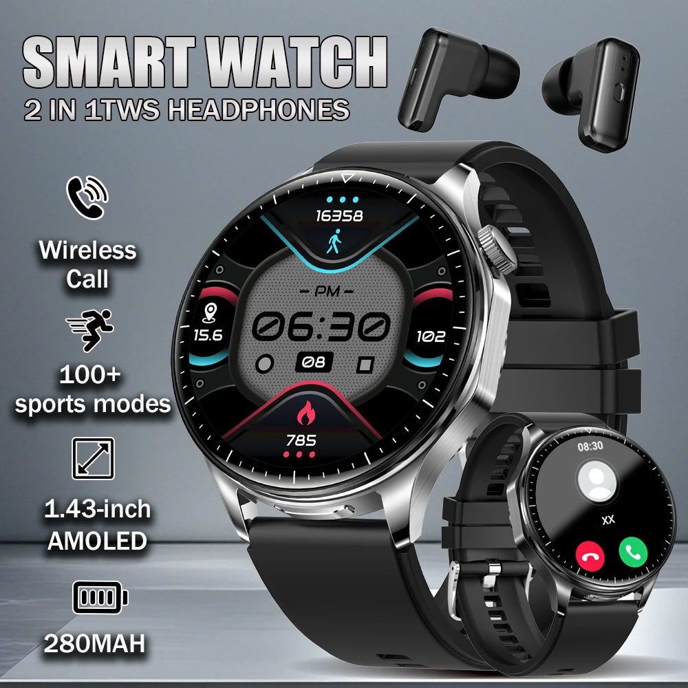 

For Xiaomi Huawei 2-In-1 TWS Headset Smart Watch 1.43" Women Men Sport Fitness motion Tracker Watches Earphone Music Sportwatch