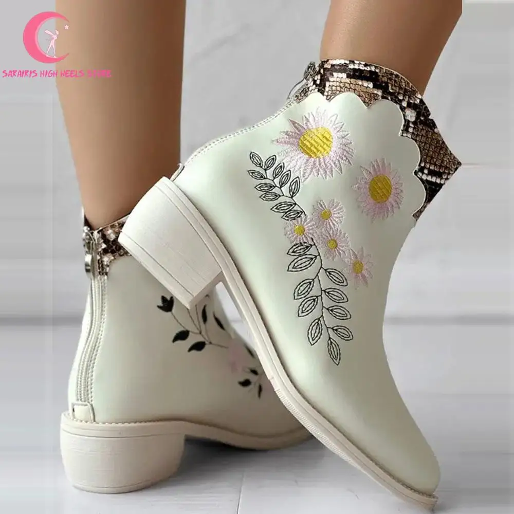 Daisy Floral Embroidery Chunky Heels Women Ankle Boots Platform Gladiator Snakeskin Pattern Shoes Women Stylish Rose Comfy Boots