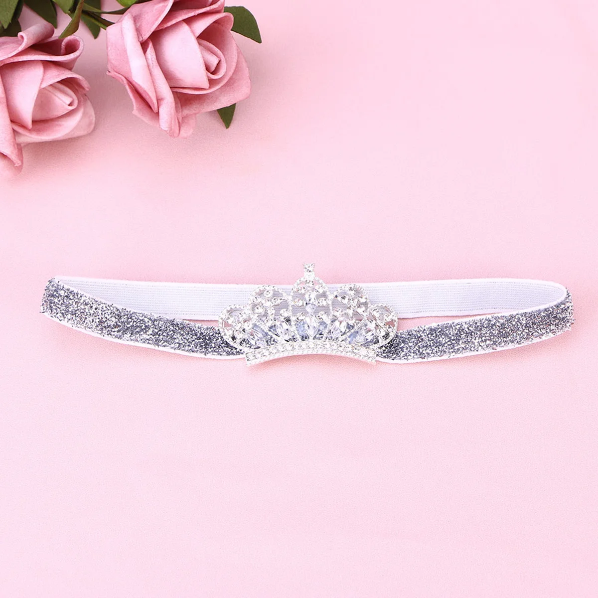 

Baby Girls Rhinestone Crown Headband Silver Ribbon Silver Crown Lovely Elastic Hairband Comfortable Birthday Party Photography