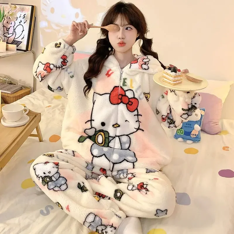 Sanrio Hellokitty Cotton Coat Kuromi Pajamas Cinnamoroll Girls Autumn and Winter Thickened Plus Velvet Cute Ins Home Clothes Set