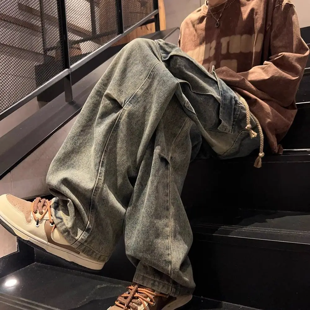 High Street hip-hop ผู้ชายและผู้หญิงอินเทรนด์บุคลิกภาพกระเป๋าขนาดใหญ่ขาตรงล้างกางเกงยีนส์คู่ Retro Casual กางเกง y2k