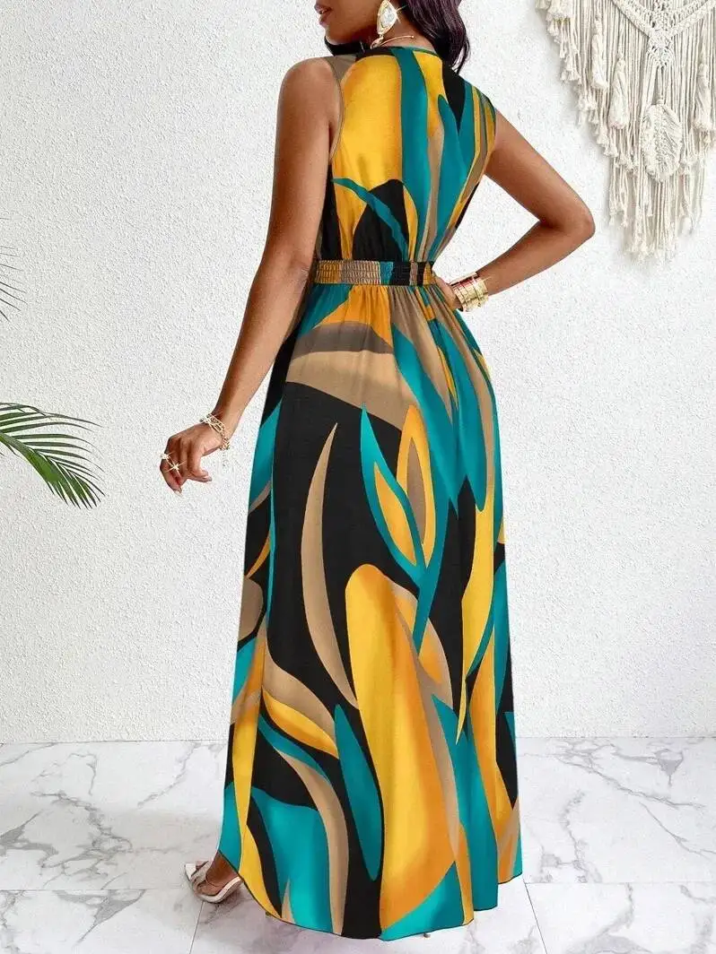 Women's Sleeveless V-neck Floor-length Dress With Abstract Prints - Fashionable For Beach And Casual Occasions Fashion Top 0C74