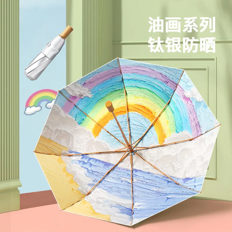 

1pcs Manual Opening Ink Painting Windproof Umbrella Silver Coating 3 Folding 8 Ribs Anti Ultraviolet Compact Folding Umbrella