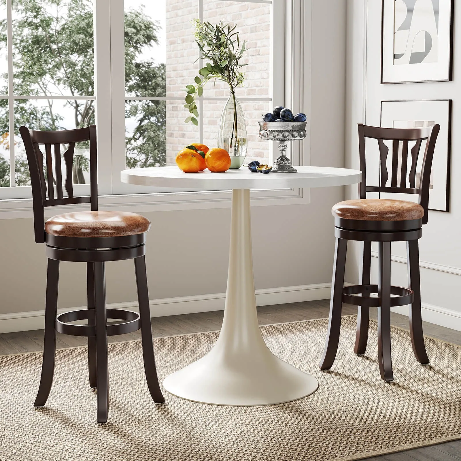 

30” Bar Height Swivel Bar Stools Set of 2 w/Back & Faux Leather Seat