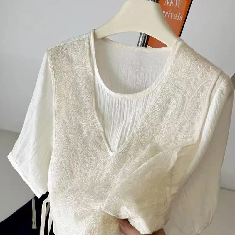 Summer New Style Women Loose Lace False two-piece Short Sleeve T-shirt Fashionable Slimming Top Version Casual Comfortable