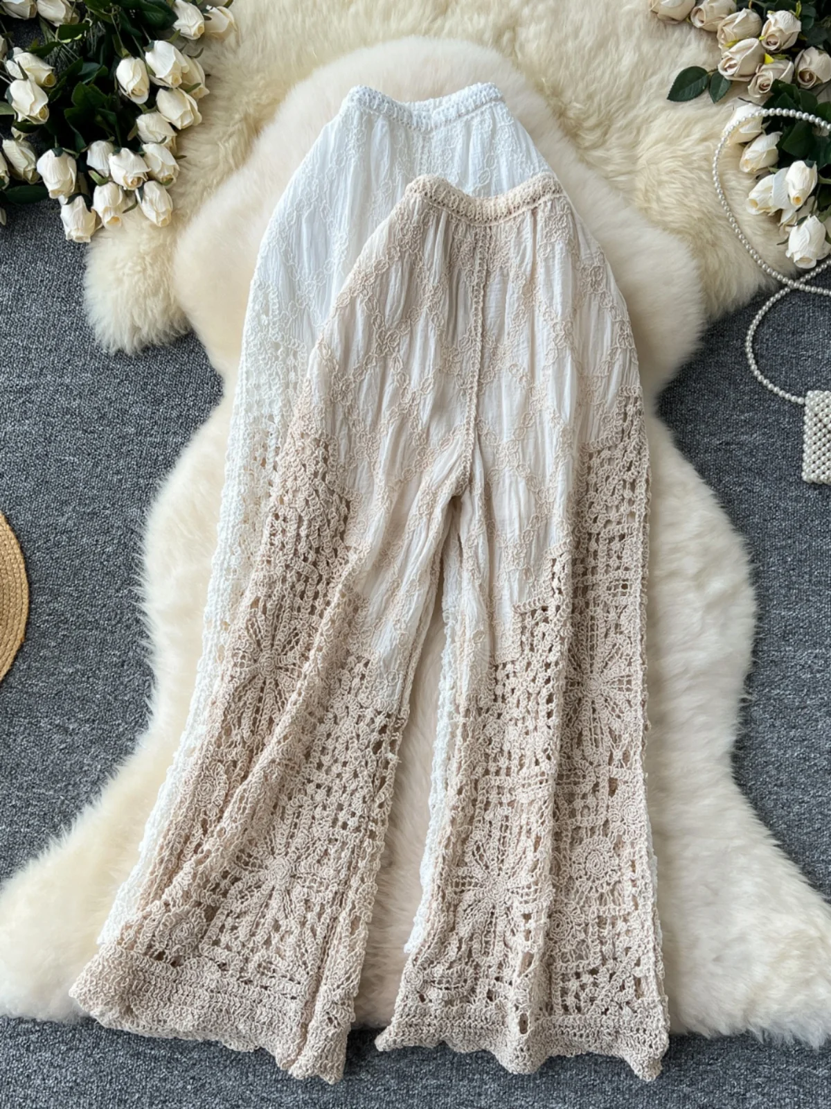 Coreano Sle pesante ricamo cavo lavorato a maglia patchwork a vita alta pantaloni casual a gamba larga donna estate dimagrante spiaggia Tro...