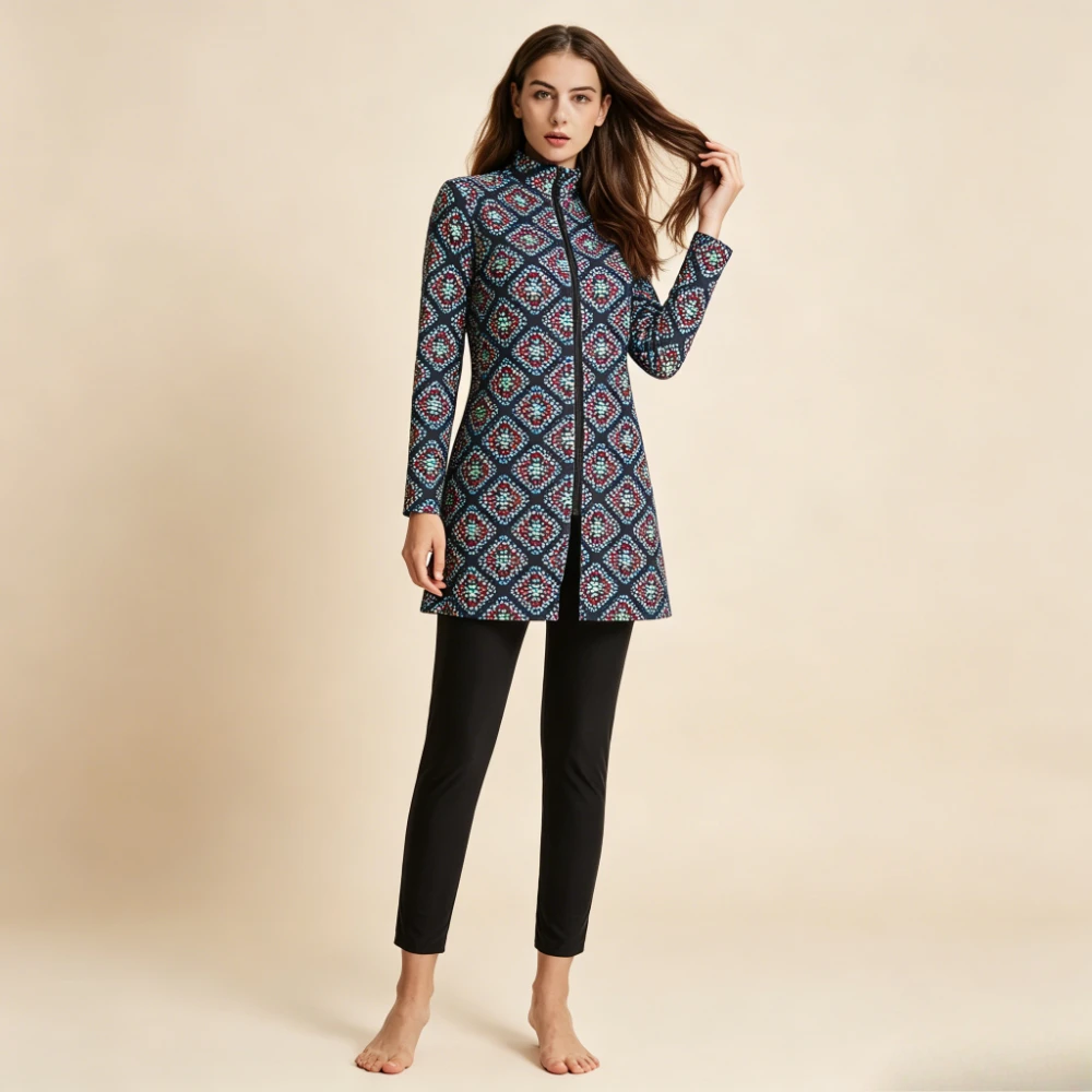 New 3PCS Print Burkini Set Zip Front Long Sleeve Tunic Top Pants with Cap UPF50+ Conservative Muslim Bathing Suit Beach Swimwear