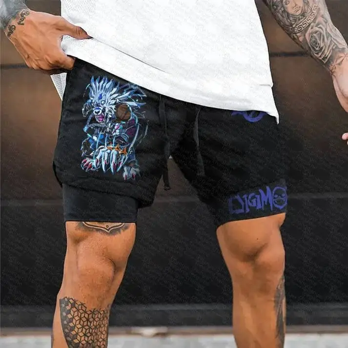 Shorts esportivos masculinos de 2 camadas com estampa Digimon Garurumon Blue Wolf e design gráfico roxo para anime casual streetwear