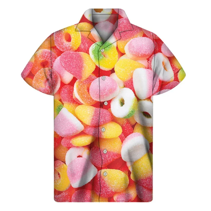 

Colorful Fudge Lollipop Shirt For Men Candy 3D Print Hawaiian Shirts Women Summer Button Short Sleeve Lapel Loose Aloha Blouse