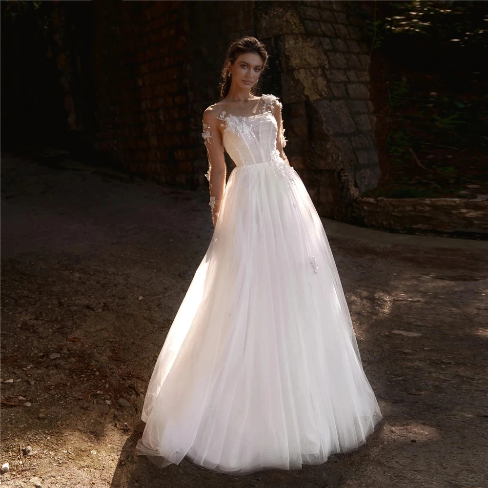 

Tulle A-Line Wedding Dresses 2024 For Women Vintage Bridal Gowns Lace Appliques Elegant Robes Beading Flower Vestidos De Novia