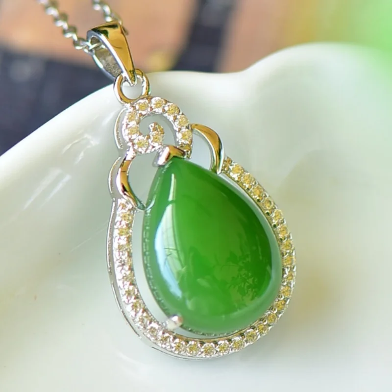SGARIT Natural Hetian Green Jade S925 Silver Inlay Waterdrop Pendant 15*27mm Hollow Prong Setting Design Fine Texture Necklace