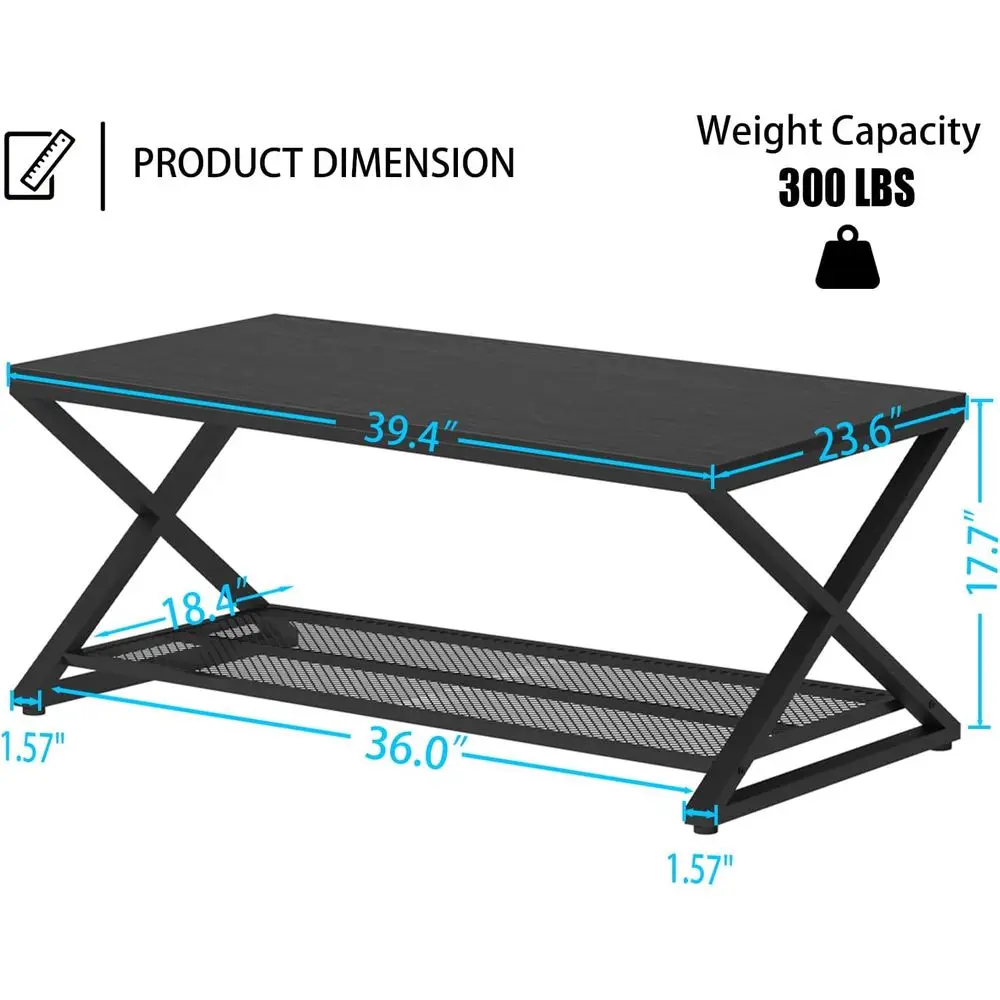 Modern 2-Tier Metal & Wood Coffee Table with Storage, 39 Black Oak Rectangular Center Table for Living Room & Office