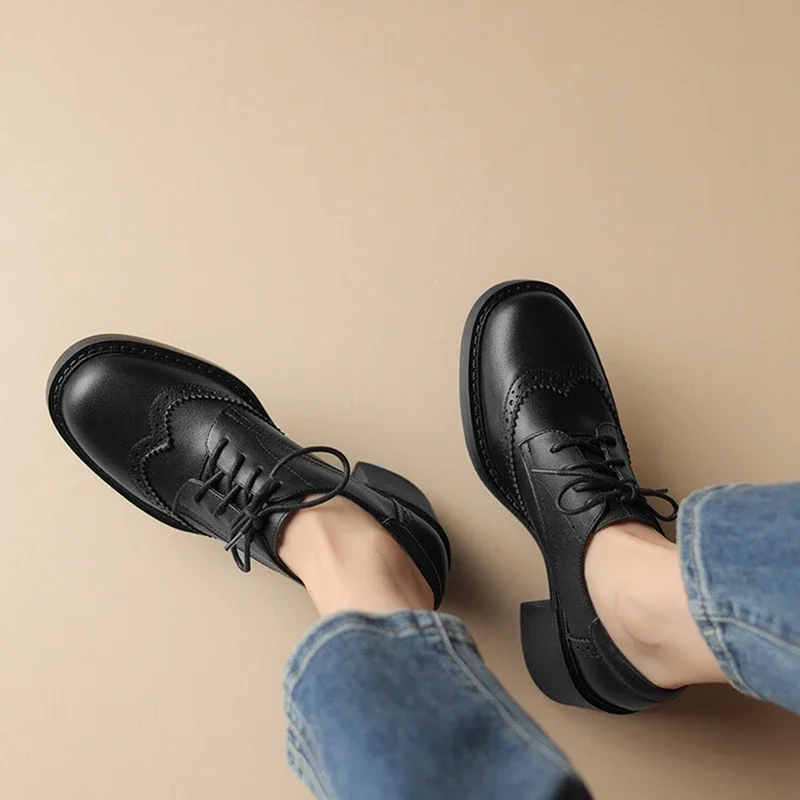 NEW Winter Women Shoes Genuine Leather Shoes for Women Round Toe Chunky Heel Women Pumps Lace-up Warm Plush Shoes Oxfords Shoes