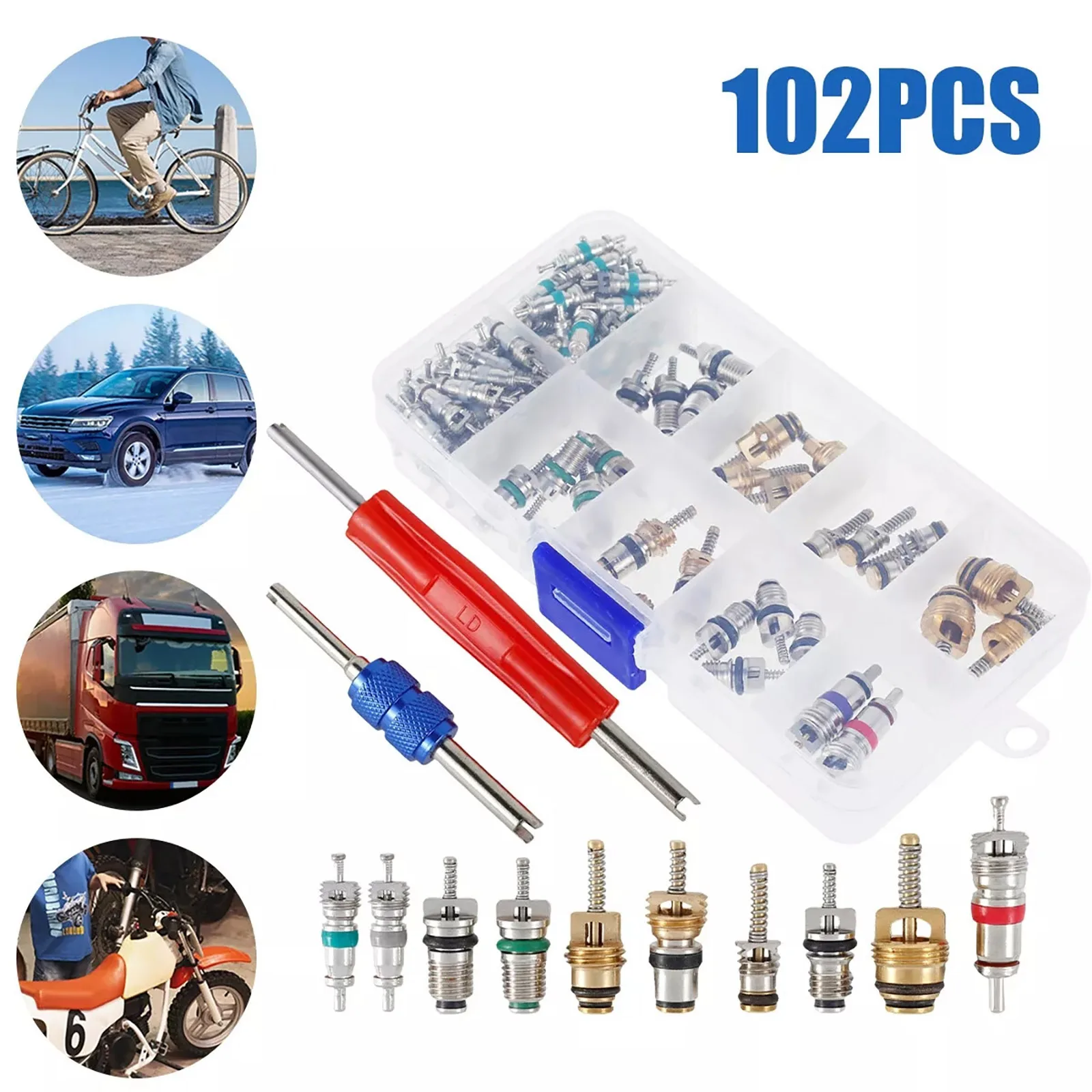 

Набор инструментов для снятия и установки сердечников клапанов автомобильных кондиционеров (102 предмета), 1/4" и 5/16", универсальный для R134A и R12