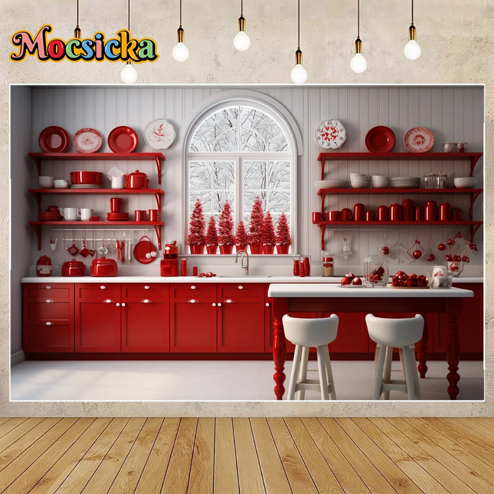 Mocsicka ฉากหลังถ่ายภาพฤดูหนาว, สีแดงคริสต์มาสชุดรูปแบบห้องครัวธีมวันหยุดงานเลี้ยงครอบครัวเด็กภาพฉากหลังสตูดิโอ