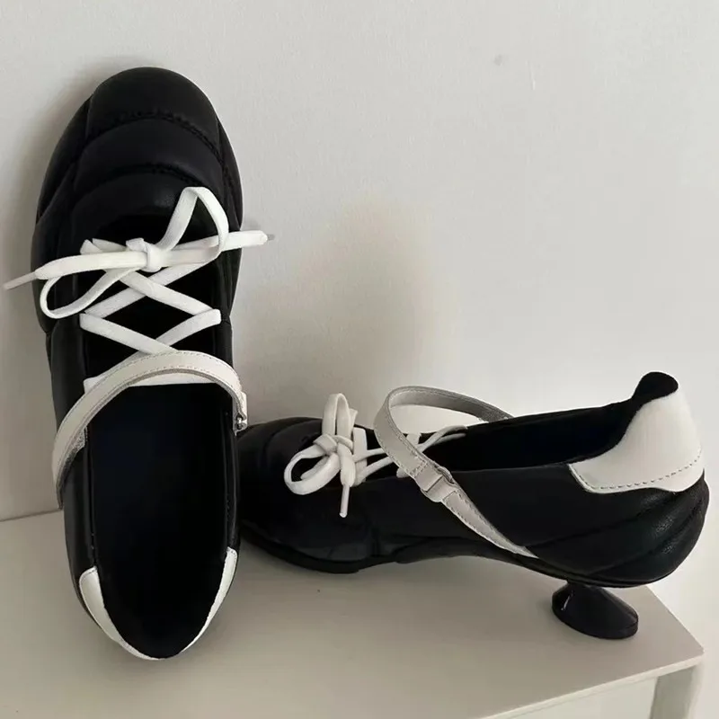 Primavera autunno Cross-tied Women ballerine comode punta tonda Mary Janes tacchi alti ragazze mocassini scarpe Zapatoe Tacon Mujer