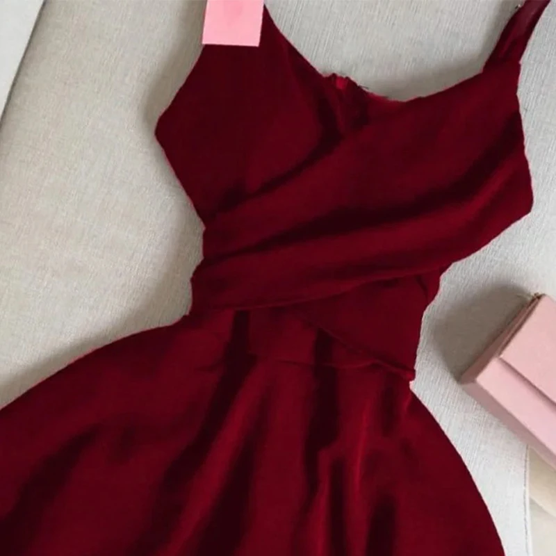 فستان قصير أحمر عتيق للنساء أنيق للحفلات الكشكشة السباغيتي حزام فساتين الصيف السيدات الكورية Bodycon تصميم ألف خط Vestidos