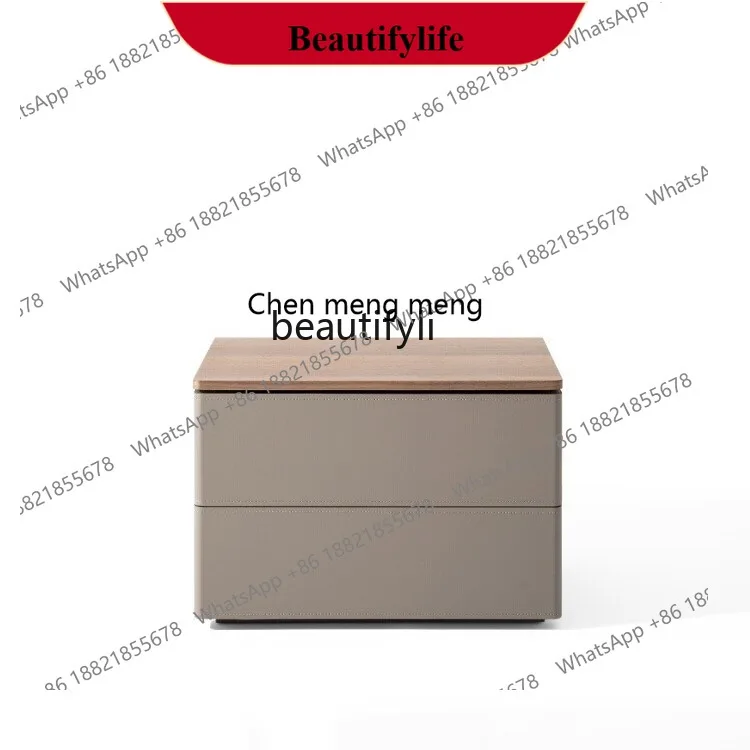 

D178 Italian Minimalist Saddle Leather Bedside Table Solid Wood High-End Walnut Bedside Cabinet Light Luxury Storage Cabinet