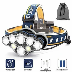 Waterproof Headlamp T6 Q5 COB 8LED 8 Modes Headlight 90 Rotate For Flashlight Fishing Camping Cycling Light USB Rechargeable