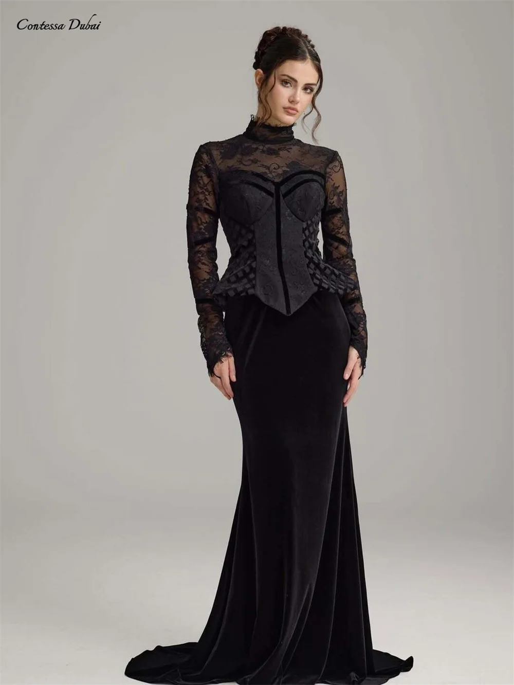 

Contessa Custom evening dress prom dress formal gown wedding guest dress Elegant Highneck Lace Long Sleeve Corset Mermaid Velvet