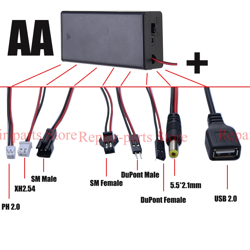صندوق حامل البطارية AA 2/3/4/6/8 فتحات حافظة بطاريات مع مفتاح وغطاء و PH2.0 XH2.54 DC5.5X2.1 USB2.0 DuPont Terminal