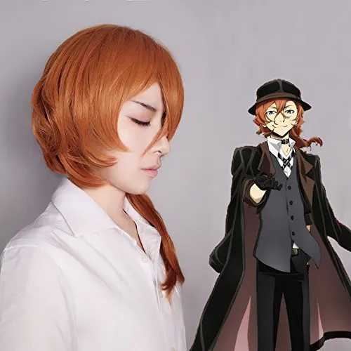Chuya Nakahara تأثيري شعر مستعار للرجال والنساء ، شعر مستعار اصطناعي قصير ، بني داكن ، مجعد ، ذكر ، حفلة ، هالوين