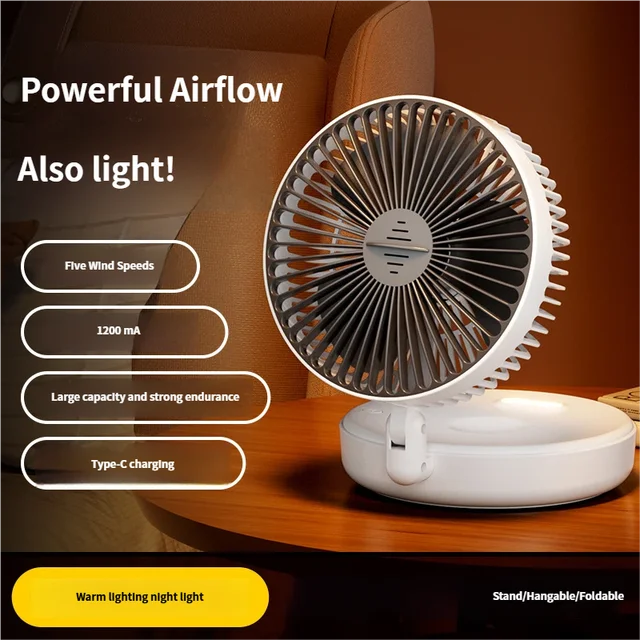 5000mAh Foldable Glow-in-the-Dark Fan Wall Mount Portable Quiet High-Speed Air Circulation Fan for Students Office Desk Fan 6