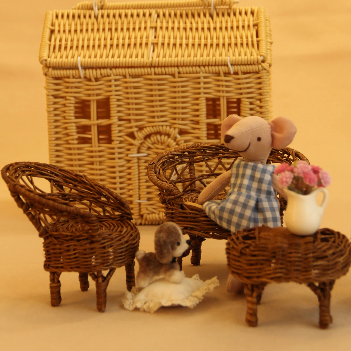 Mini meubles artificiels miniatures 1:12, Tables et chaises en rotin faites à la main, adaptés à la maison de poupée, maison de jeu, jouets, ornements