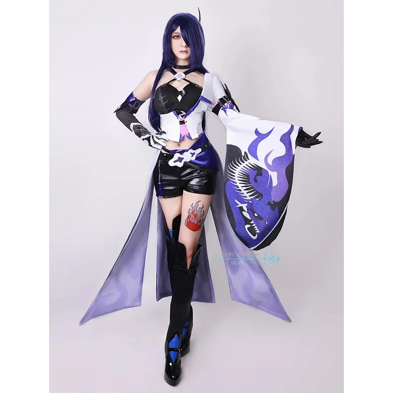 Juego de Cosplay de Acheron para mujer, juego de rol de Honkai Star Rail, traje de Cosplay de Acheron, vestido, peluca, zapatos, conjunto completo, ropa de fiesta de Carnaval